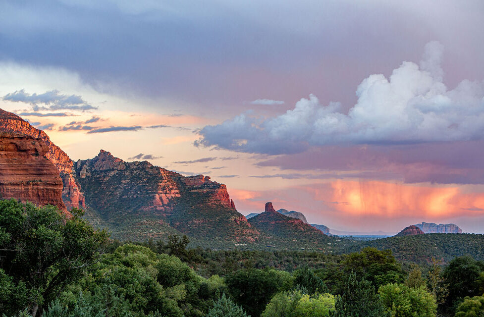 pink storm clouds over Sedona in the evening
