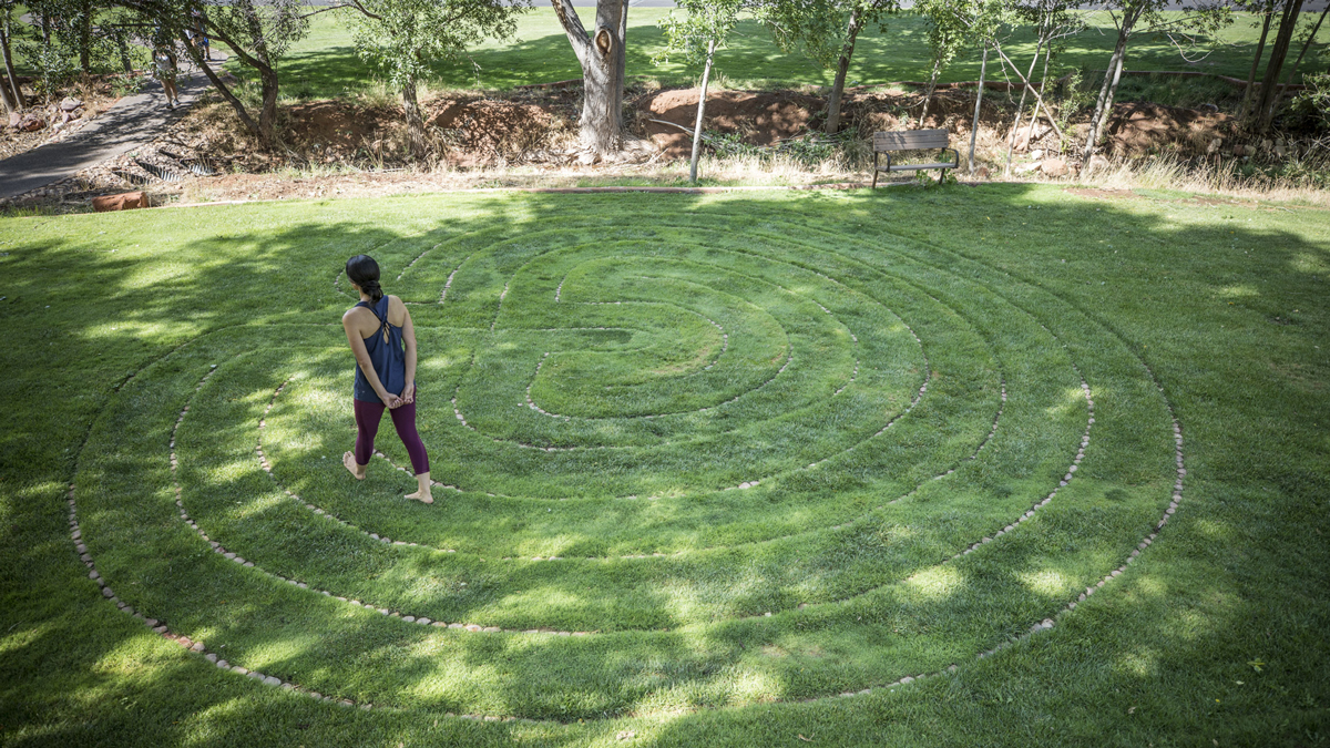 woman walking spiral labyrith